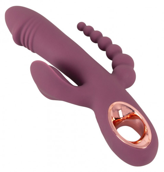 Сливовый вибратор с клиторальным отростком и анальным хвостом Slim Triple Plum - 21,4 см.