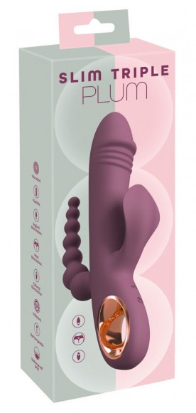 Сливовый вибратор с клиторальным отростком и анальным хвостом Slim Triple Plum - 21,4 см.
