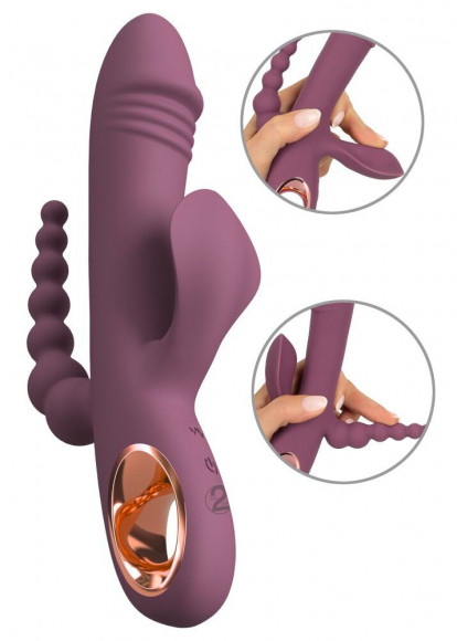 Сливовый вибратор с клиторальным отростком и анальным хвостом Slim Triple Plum - 21,4 см.