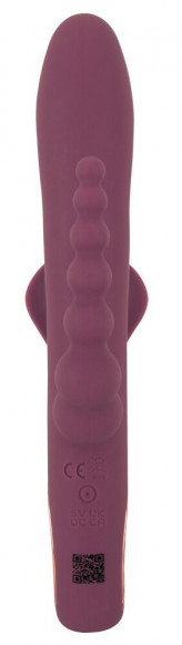 Сливовый вибратор с клиторальным отростком и анальным хвостом Slim Triple Plum - 21,4 см.