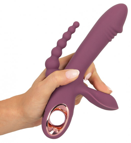 Сливовый вибратор с клиторальным отростком и анальным хвостом Slim Triple Plum - 21,4 см.