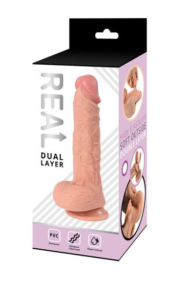 Телесный фаллоимитатор-реалистик REAL Dual Layer с мошонкой на присоске - 23 см. Телесный фаллоимитатор-реалистик REAL Dual Layer с мошонкой на присоске - 23 см.