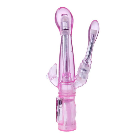 Розовый вибратор с анальным и клиторальным отростками Intimate Tease - 22 см. Розовый вибратор с анальным и клиторальным отростками Intimate Tease - 22 см.