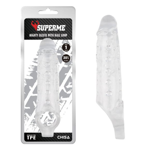 Прозрачная насадка на пенис с подхватом Mighty Sleeve With Ball Loop - 22 см. Прозрачная насадка на пенис с подхватом Mighty Sleeve With Ball Loop - 22 см.