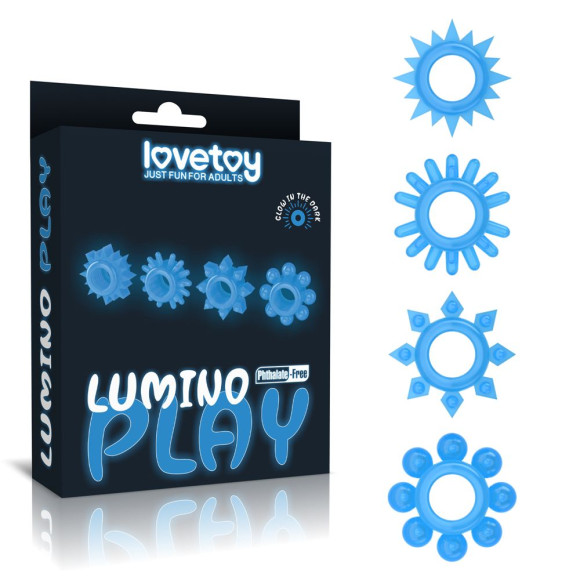 Набор из 4 голубых, светящихся в темноте эрекционных колец Lumino Play Набор из 4 голубых, светящихся в темноте эрекционных колец Lumino Play