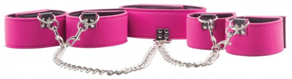 Чёрно-розовый двусторонний комплект для бандажа Reversible Collar / Wrist / Ankle Cuffs Чёрно-розовый двусторонний комплект для бандажа Reversible Collar / Wrist / Ankle Cuffs