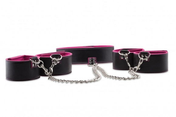Чёрно-розовый двусторонний комплект для бандажа Reversible Collar / Wrist / Ankle Cuffs Чёрно-розовый двусторонний комплект для бандажа Reversible Collar / Wrist / Ankle Cuffs