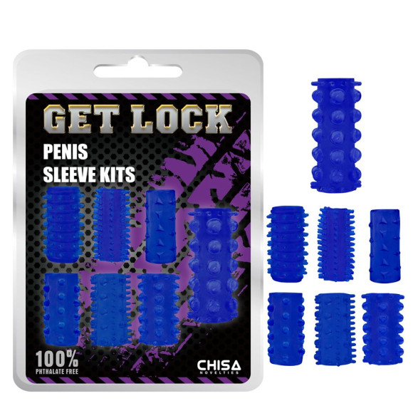 Набор из 7 синих насадок на пенис Get Lock Набор из 7 синих насадок на пенис Get Lock
