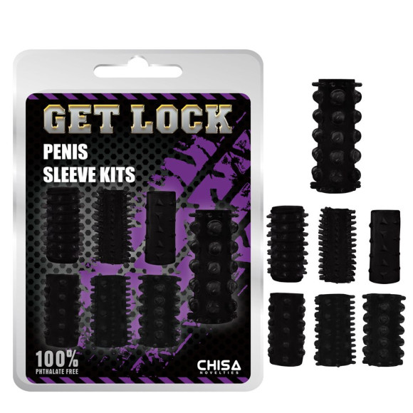 Набор из 7 черных насадок на пенис Get Lock Набор из 7 черных насадок на пенис Get Lock