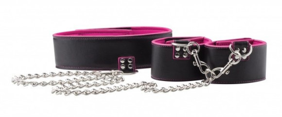 Чёрно-розовый двусторонний ошейник с наручниками Reversible Collar and Wrist Cuffs Чёрно-розовый двусторонний ошейник с наручниками Reversible Collar and Wrist Cuffs