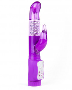 Фиолетовый перезаряжаемый вибратор Rabbit с клиторальным отростком - 22 см.