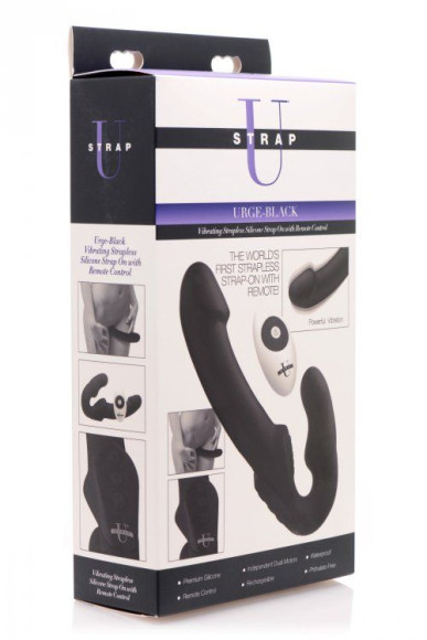 Черный безремневой страпон Urge Silicone Strap On с пультом ДУ - 24 см. Черный безремневой страпон Urge Silicone Strap On с пультом ДУ - 24 см.