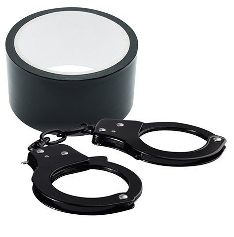 Набор для фиксации BONDX METAL CUFFS AND RIBBON: чёрные наручники из листового материала и липкая лента Набор для фиксации BONDX METAL CUFFS AND RIBBON: чёрные наручники из листового материала и липкая лента