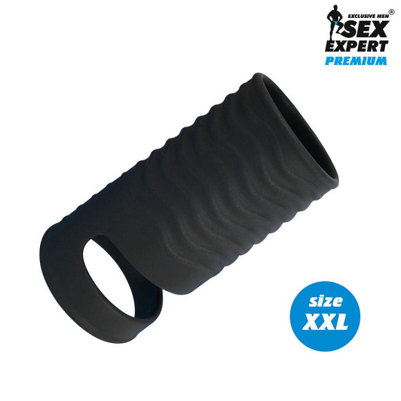 Черная открытая насадка на пенис с кольцом для мошонки XXL-size - 9,4 см. Черная открытая насадка на пенис с кольцом для мошонки XXL-size - 9,4 см.