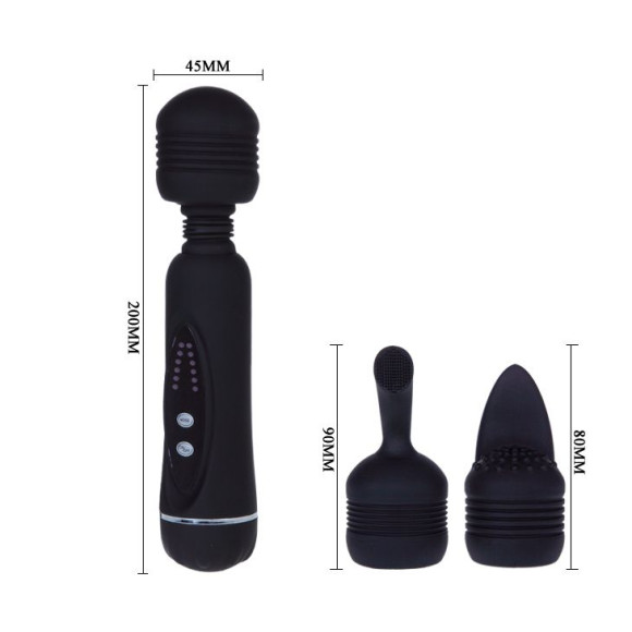 Черный вибромассажер со сменными насадками Power Wand - 20,5 см. Черный вибромассажер со сменными насадками Power Wand - 20,5 см.