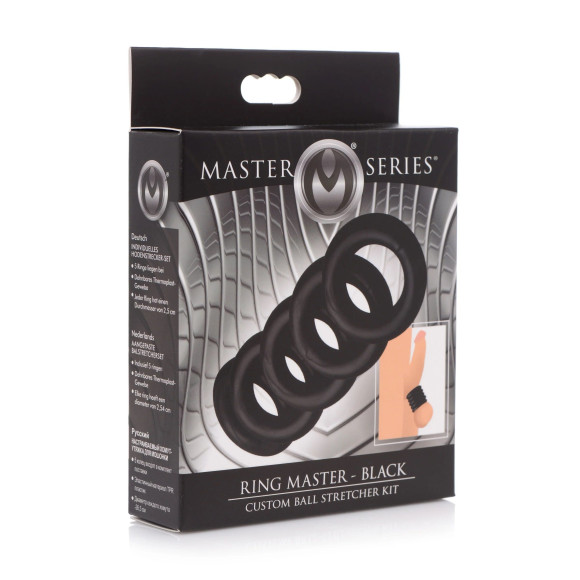 Комплект из 5 черных эрекционных колец для мошонки Ring Master Custom Ball Stretcher Kit Комплект из 5 черных эрекционных колец для мошонки Ring Master Custom Ball Stretcher Kit