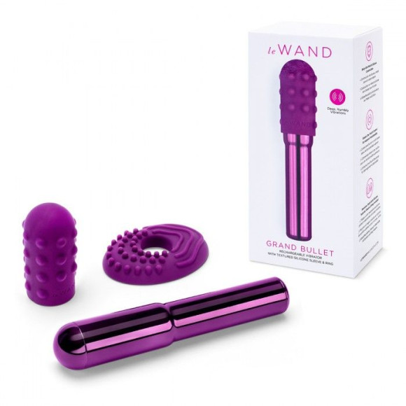Фиолетовый жезловый вибратор Le Wand Grand Bullet с двумя нежными насадками Фиолетовый жезловый вибратор Le Wand Grand Bullet с двумя нежными насадками