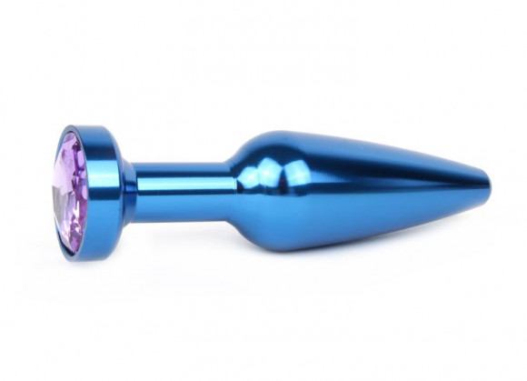 Удлиненная коническая гладкая синяя анальная втулка с сиреневым кристаллом - 11,3 см. Удлиненная коническая гладкая синяя анальная втулка с сиреневым кристаллом - 11,3 см.