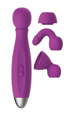 Фиолетовый вибратор с 3 насадками Queenpin - 15 см. Фиолетовый вибратор с 3 насадками Queenpin - 15 см.